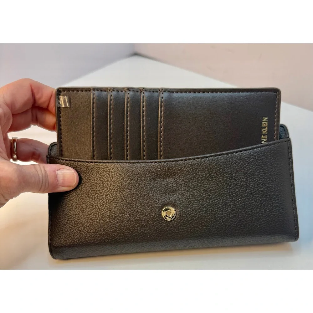 Anne Klein Buckle Snap Closure Wallet Brown Faux‎ Leather Card Slots Zip Pocket
